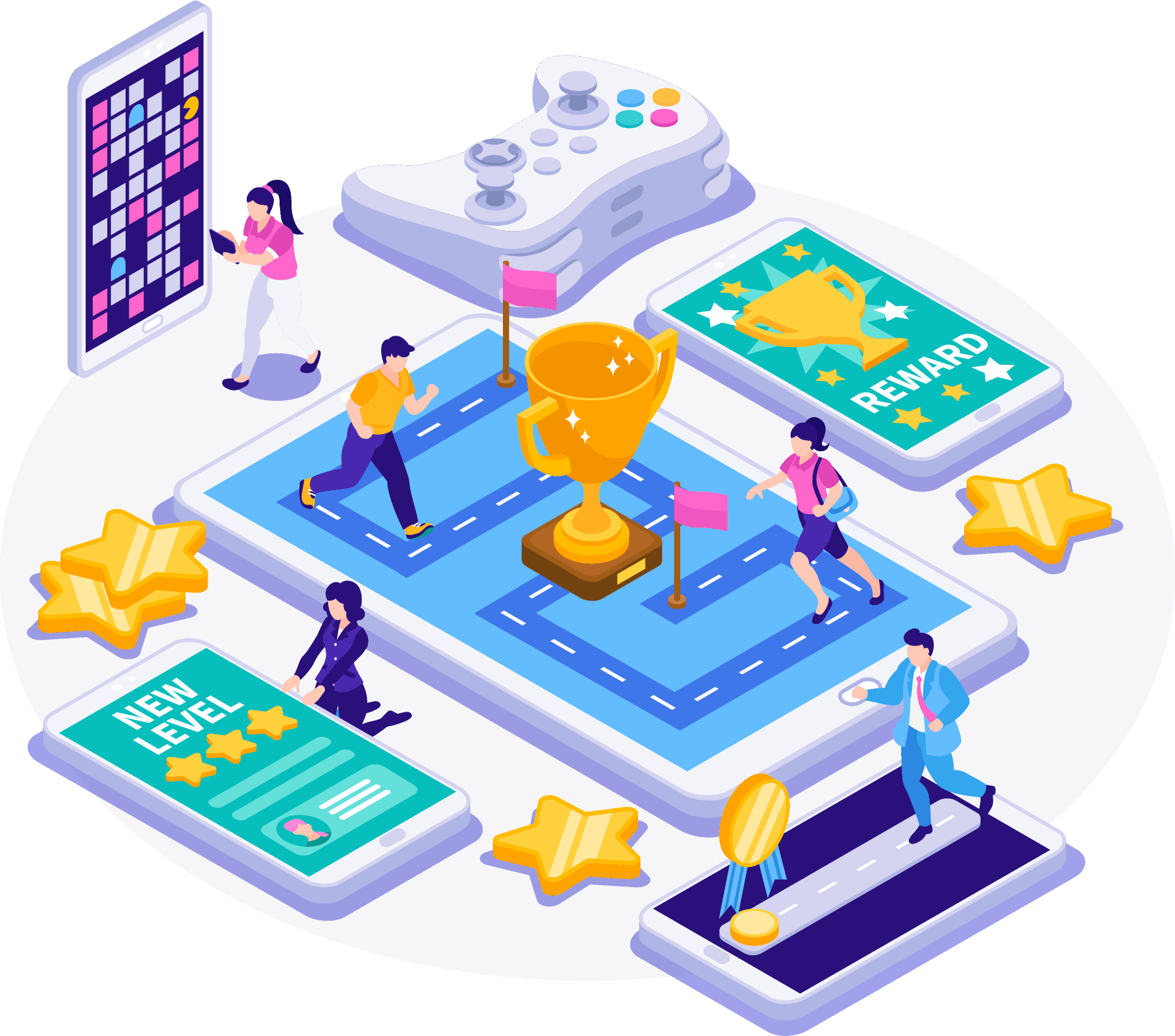 Grow Publishing Community illustration with players, rewards, and mobile game elements